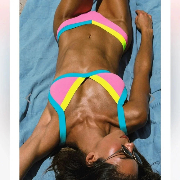 NWT OneOne Swimwear Bikini SET Martinica Pink Blue Yellow Neon Jesse Kameron New - Picture 3 of 12
